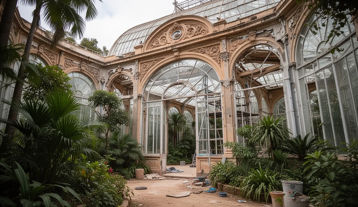 Vista parcial del Umbracle durante su restauración con vegetación abundante.