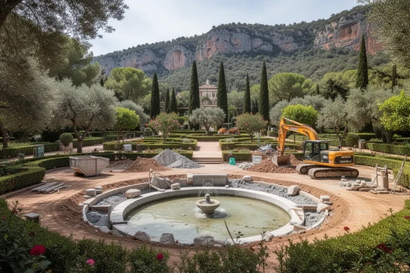 Construction site showing urban garden renovations with greenery around