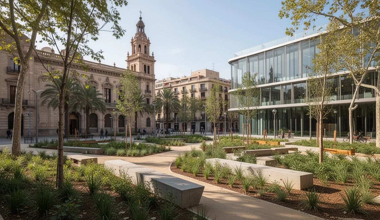 Newly created green space in Barcelona showcasing pathways and diverse vegetation