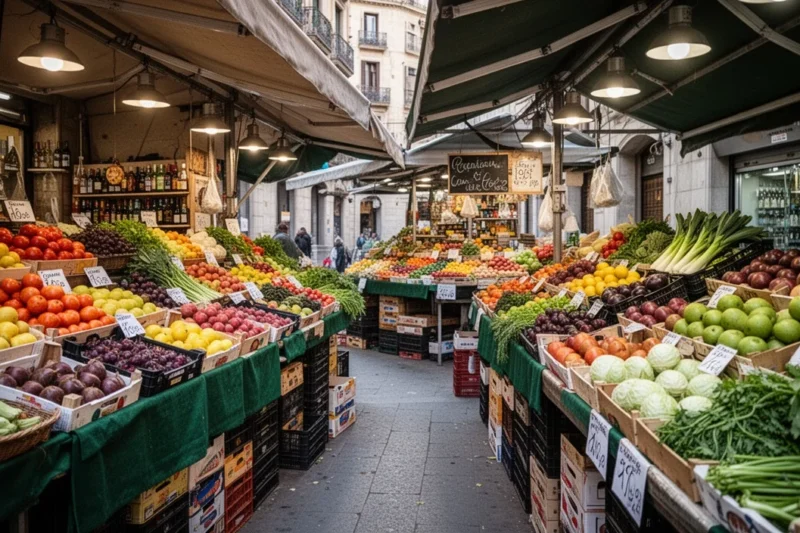 Escena colorida del mercado municipal en Barcelona con productos frescos