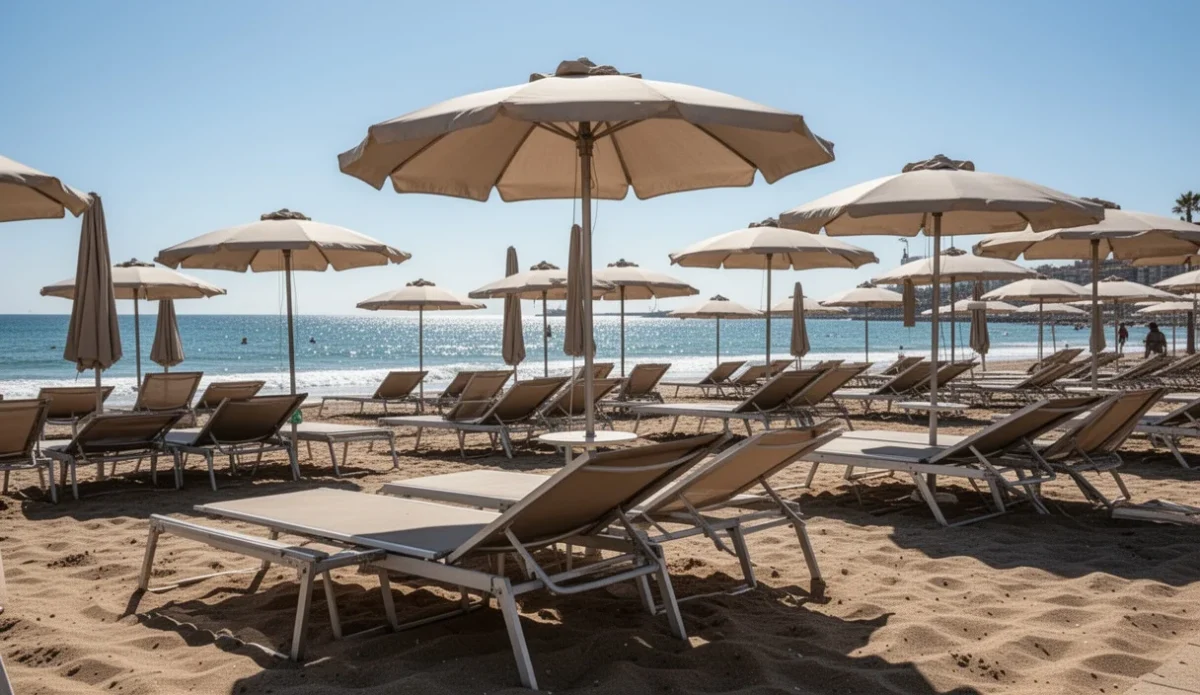 View of empty beach in Barcelona highlighting lifeguard stations