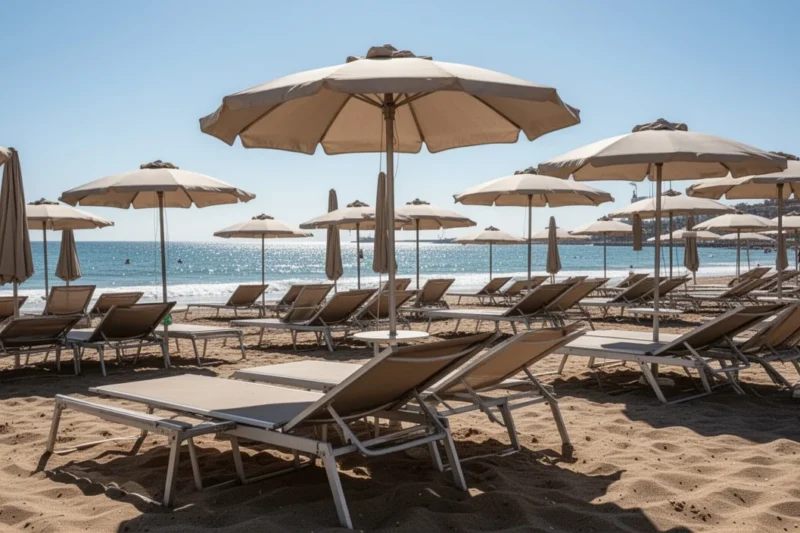 View of empty beach in Barcelona highlighting lifeguard stations