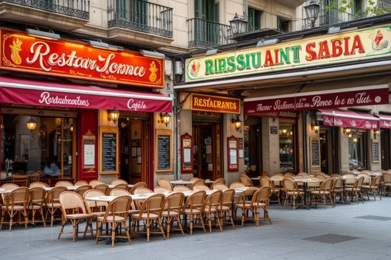 Street view featuring diverse restaurants in Barcelona