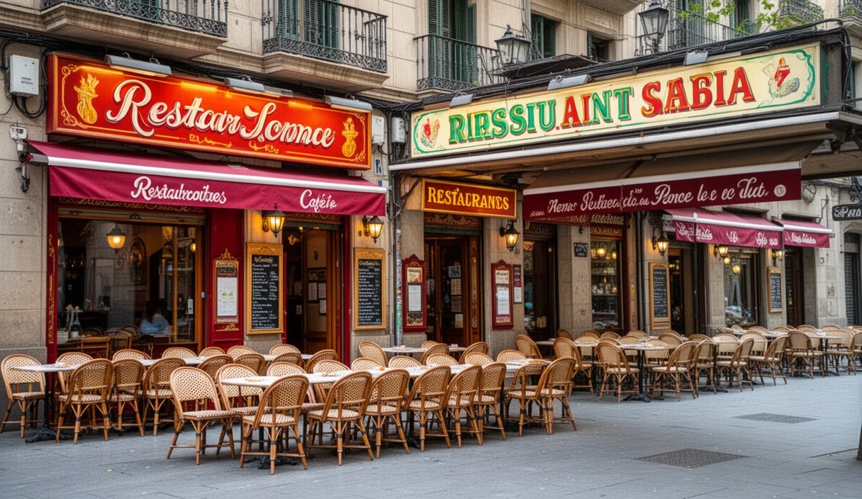 Escena vibrante con restaurantes coloridos al aire libre en una calle típica de Barcelona