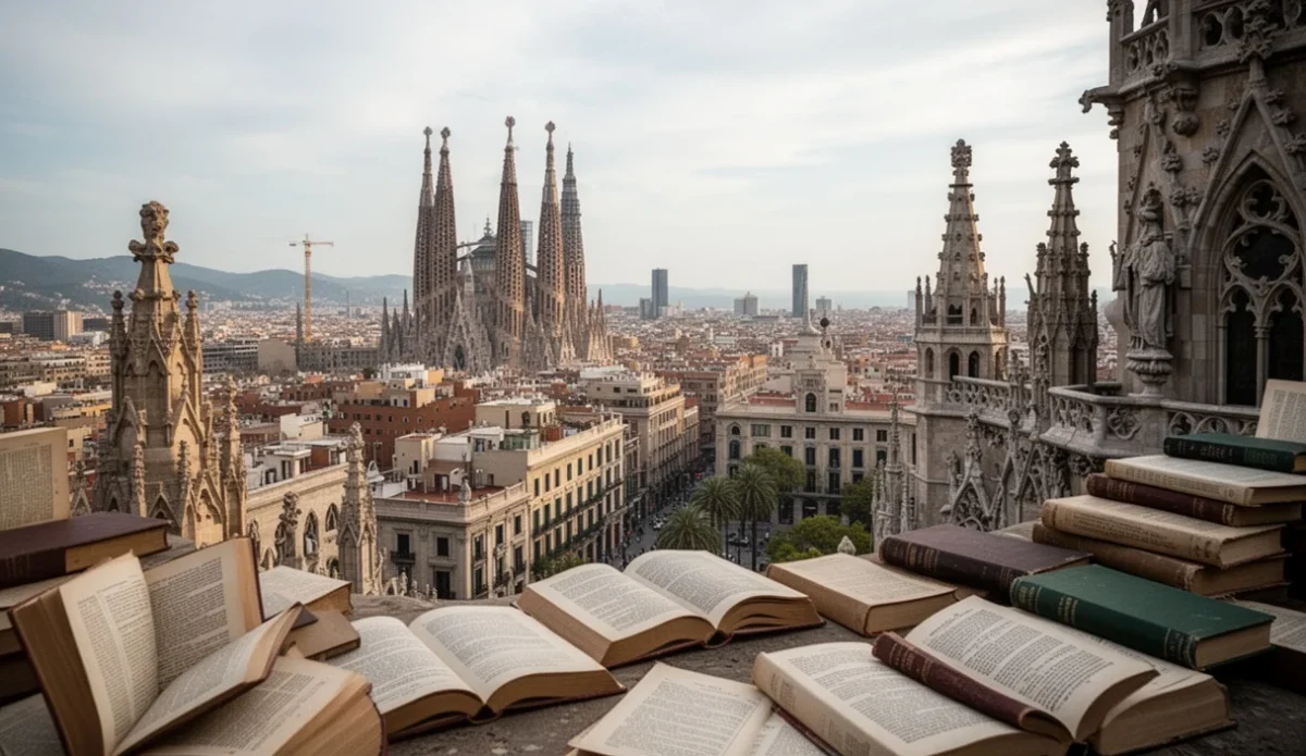 Vista panorámica de Barcelona con libros dispersos