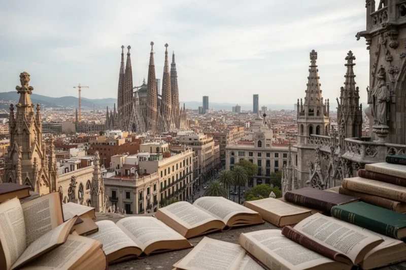 Vista panorámica de Barcelona con libros dispersos