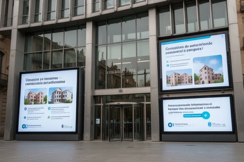 Edificio moderno del ayuntamiento de Barcelona con pantallas digitales sobre vivienda