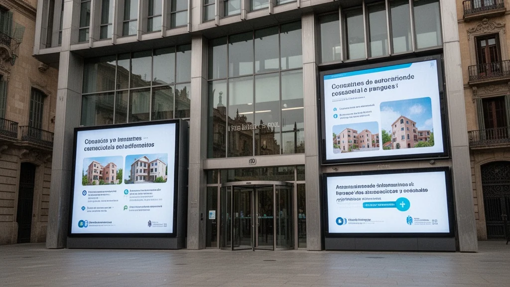 Edificio moderno del ayuntamiento de Barcelona con pantallas digitales sobre vivienda