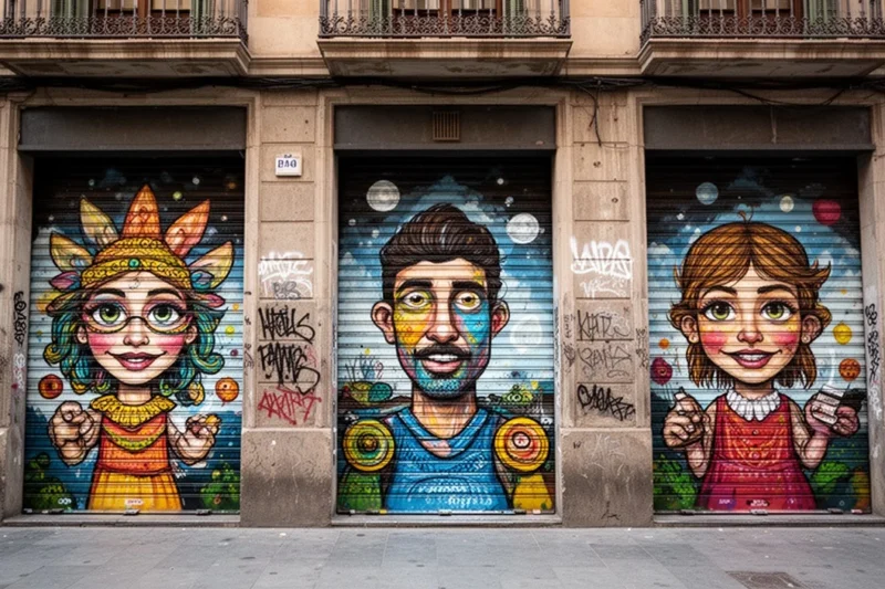 Vibrant street art on shop shutters showcasing community engagement