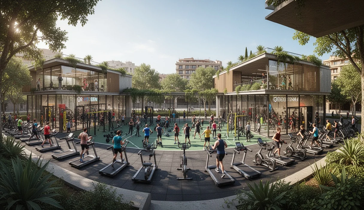 Vista panorámica de modernos centros deportivos en Barcelona rodeados de vegetación