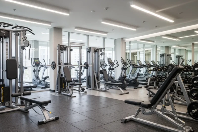 Interior moderno de un gimnasio con equipos variados y buena iluminación