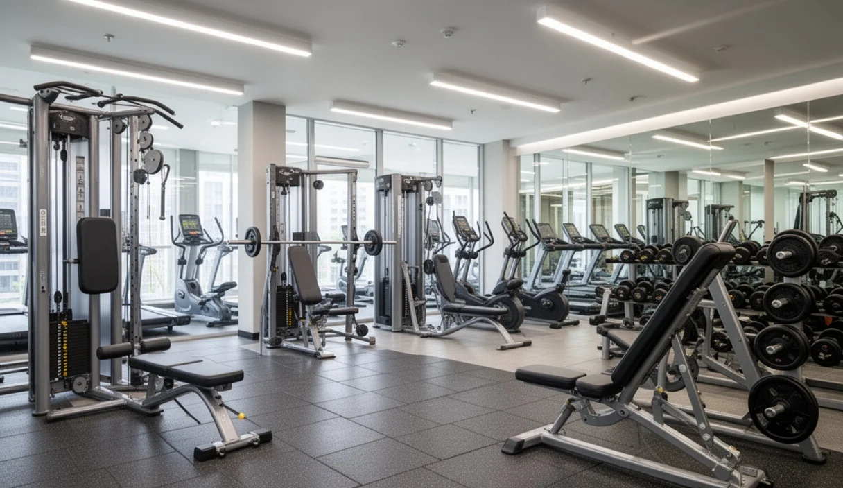 Interior moderno de un gimnasio con equipos variados y buena iluminación