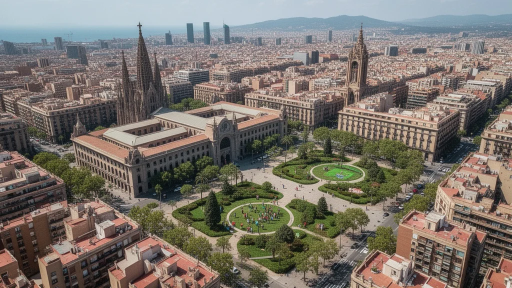 Vista aérea de Barcelona enfocando edificios públicos relacionados con iniciativas comunitarias