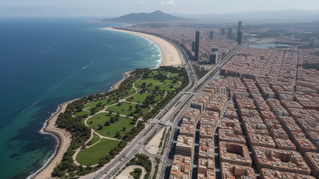 Vista aérea del litoral barcelonés con parques verdes junto a la playa