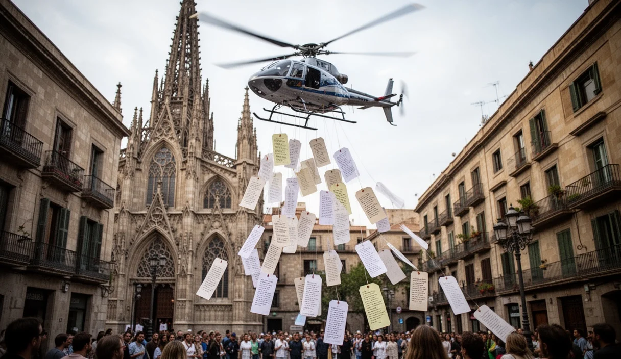 Helicóptero lanzando poemas sobre el barrio Gótico durante un evento artístico