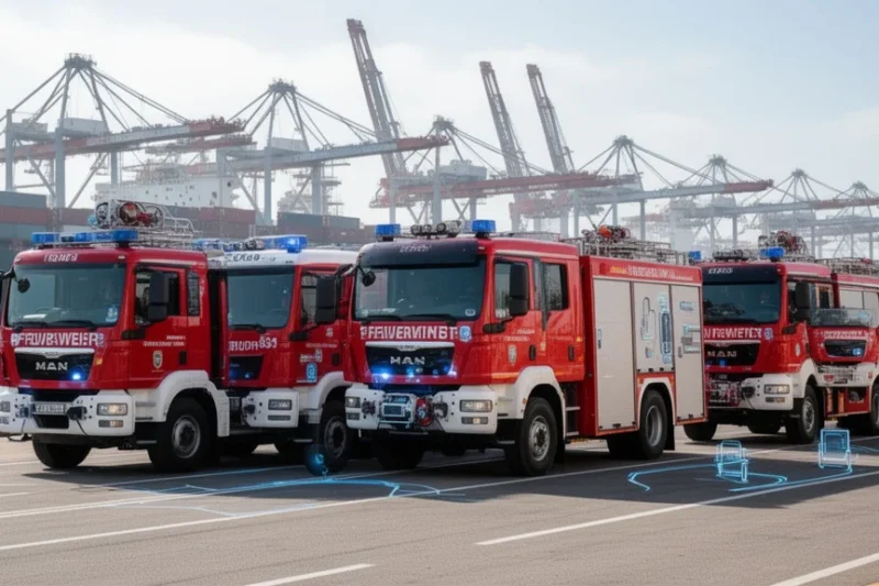 Camiones modernos presentados para mejorar la seguridad en el Puerto de Barcelona.