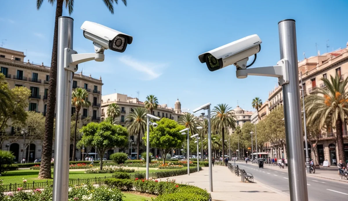 Vista urbana de Barcelona con cámaras de videovigilancia instaladas