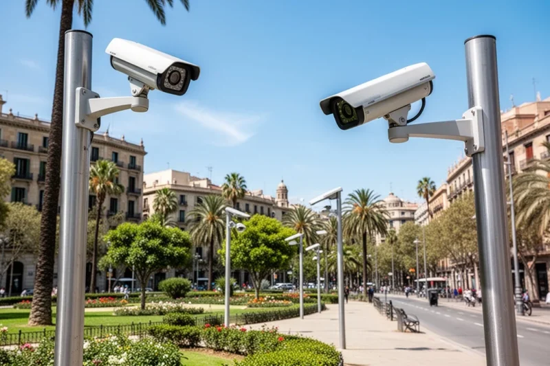 Vista urbana de Barcelona con cámaras de videovigilancia instaladas