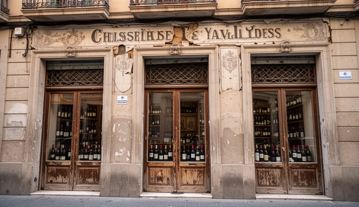 Fachada histórica de una bodega en Barceloneta con letreros retirados