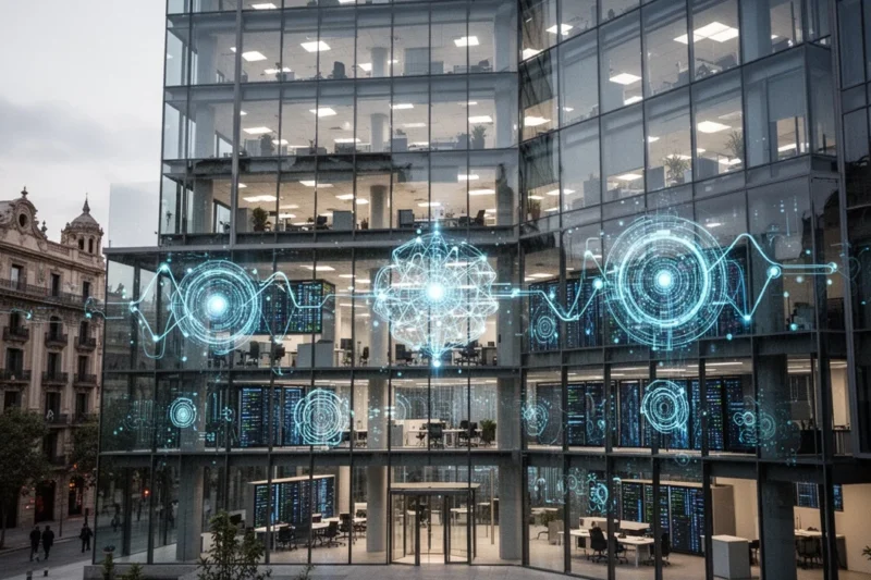 Edificio moderno en Barcelona relacionado con tecnología cuántica
