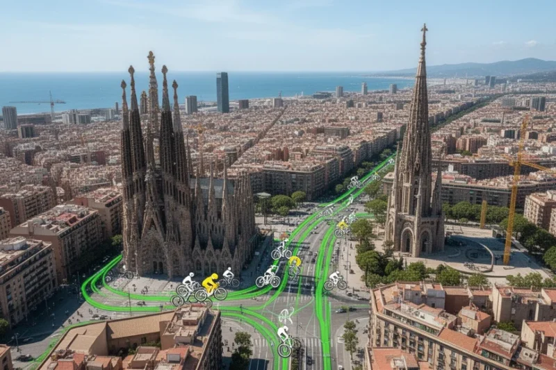 Vista aérea de Barcelona con rutas ciclistas marcadas para el Tour de Francia