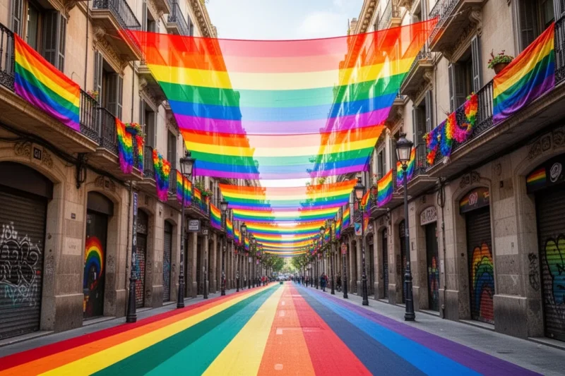Vibrant urban landscape showcasing rainbow colors symbolizing LGBTQ+ pride celebrations
