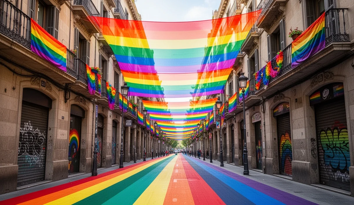 Escena colorida en Barcelona decorada para las celebraciones del Pride