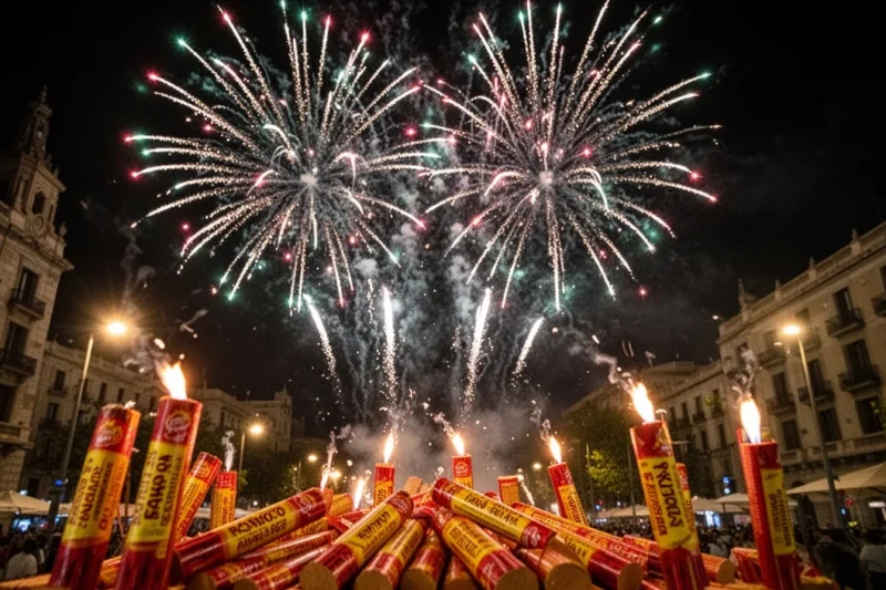 Firework stands set up on a bustling street in Barcelona ahead of Sant Joan