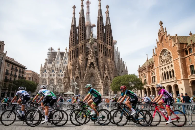 Vista panorámica del Recinte Modernista de Sant Pau junto a la Sagrada Família durante un evento ciclista.