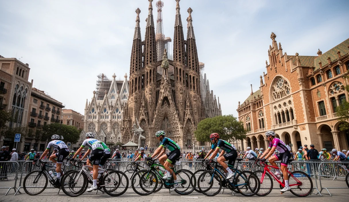 Vista panorámica del Recinte Modernista de Sant Pau junto a la Sagrada Família durante un evento ciclista.