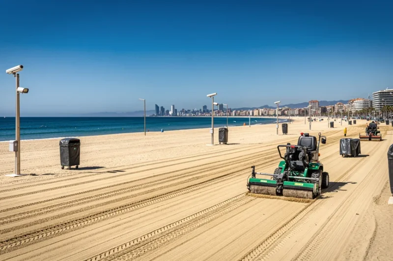 Vista panorámica de las playas limpias de Barcelona con equipos de limpieza visibles.