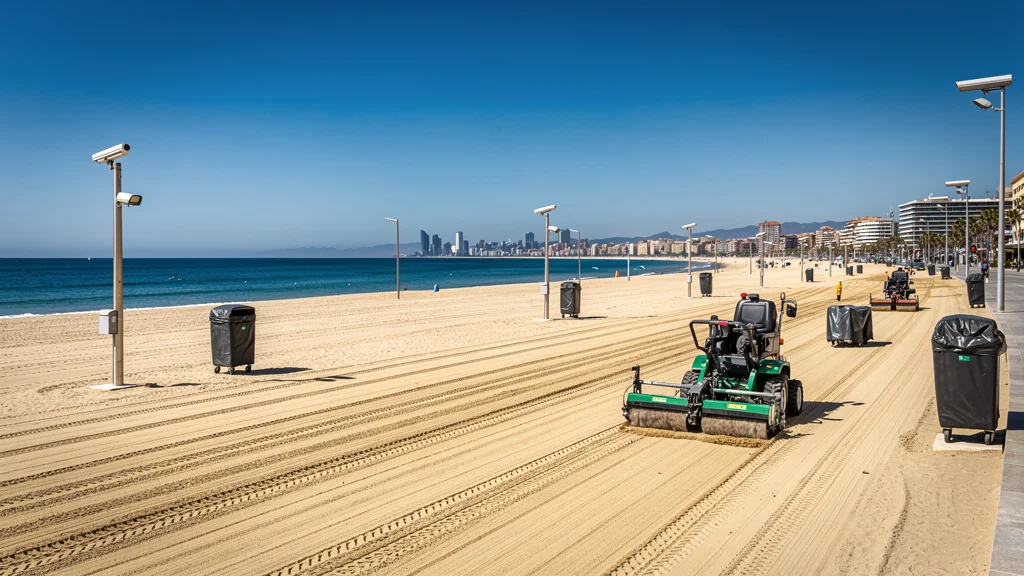 Vista panorámica de las playas limpias de Barcelona con equipos de limpieza visibles.