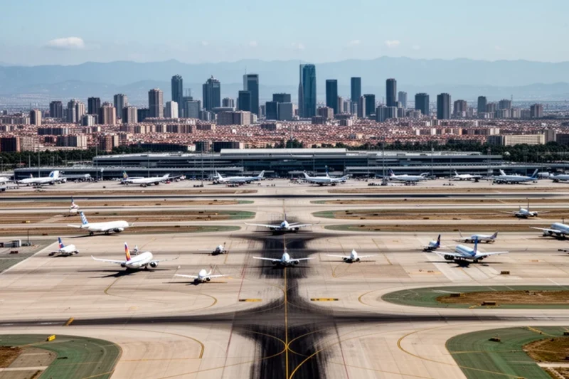 Vista aérea del Aeropuerto Josep Tarradellas Barcelona-El Prat con aviones en pista
