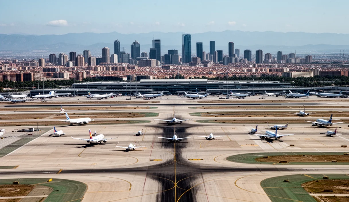 Vista aérea del Aeropuerto Josep Tarradellas Barcelona-El Prat con aviones en pista