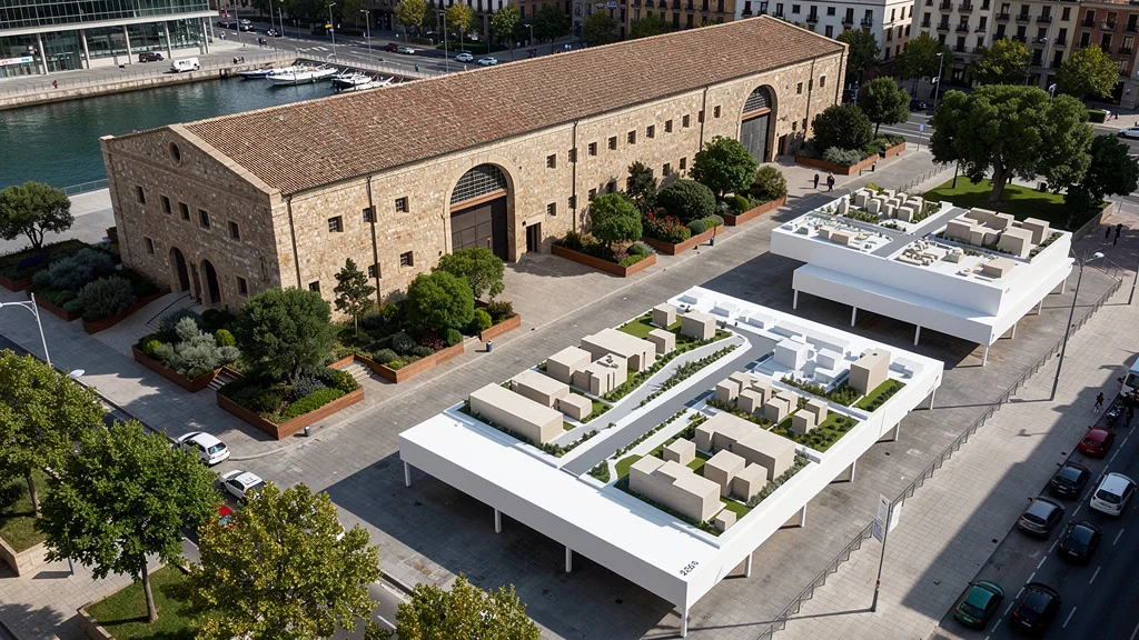 Vista aérea de la antigua terminal de Drassanes con modelos urbanísticos expuestos
