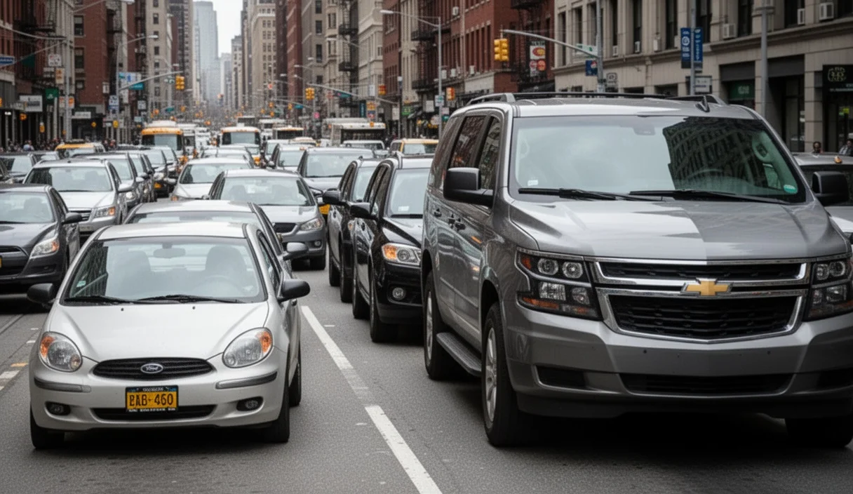Urban street scene showing parked cars highlighting size differences