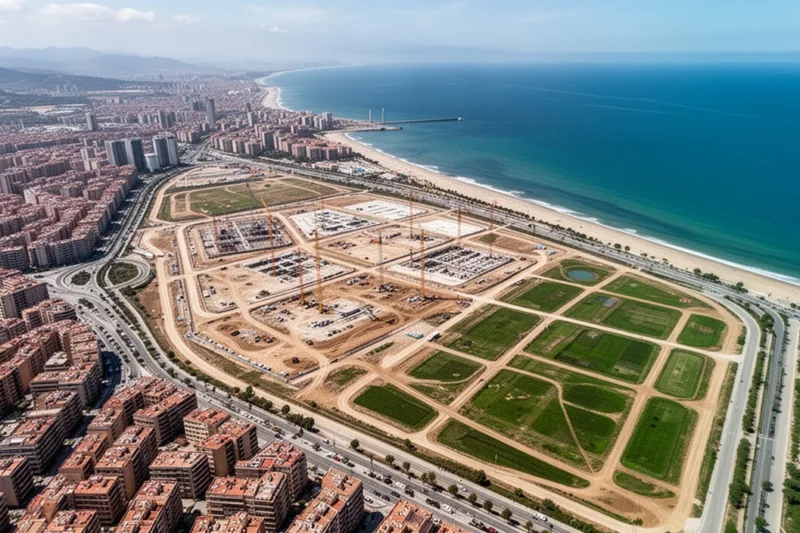 Aerial view showcasing ongoing urban development along the coastline between Barcelona and Sant Adrià de Besòs