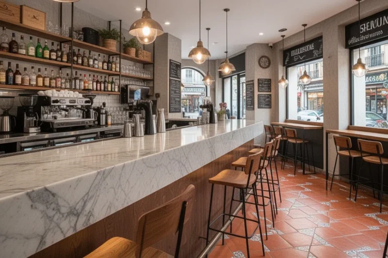 Interior renovado del bar Cal Pla mostrando barra moderna y ambiente acogedor