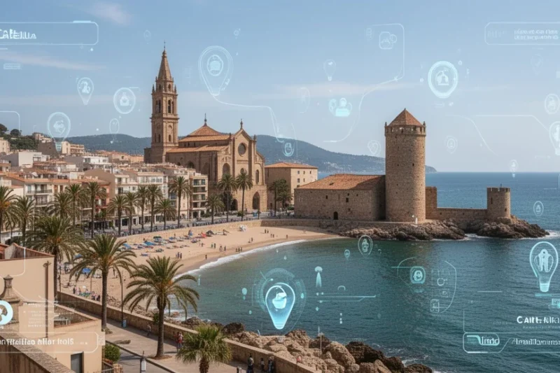 Vista panorámica de lugares históricos en Calella con elementos de realidad aumentada