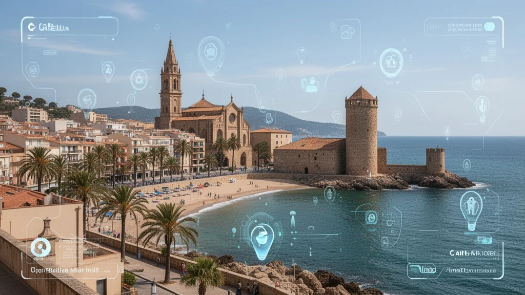 Vista panorámica de lugares históricos en Calella con elementos de realidad aumentada