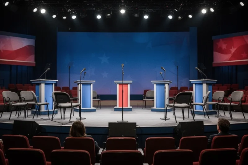 Escenario vacío preparado para un debate político con micrófonos y sillas