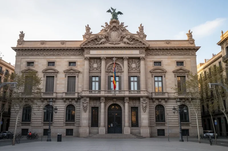 Exterior view of Barcelona City Hall showcasing civic engagement banners