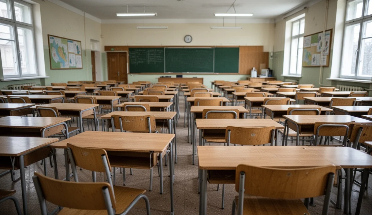 Aula vacía preparada para exámenes con escritorios organizados
