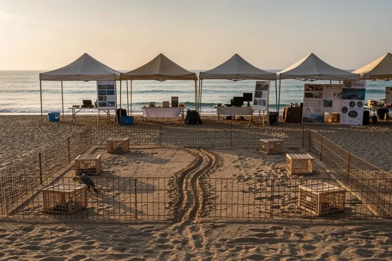 Playa Pineda en Castelldefels durante el evento de liberación de tortugas marinas