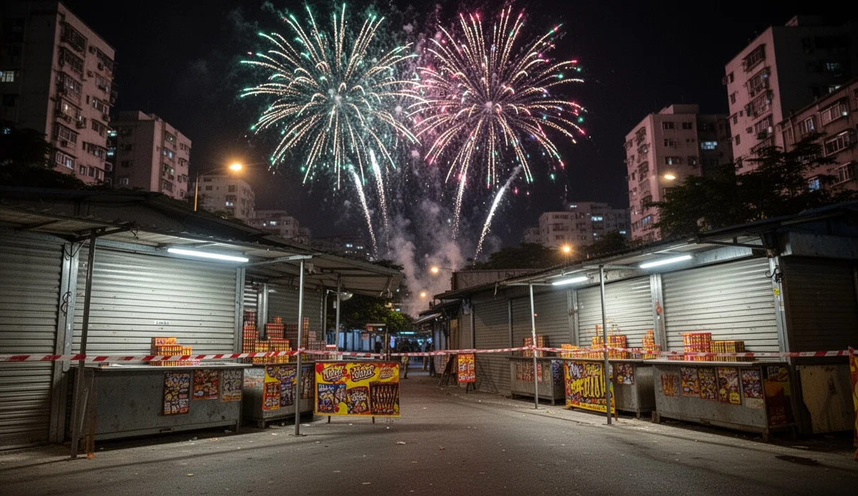 Vista nocturna urbana con fuegos artificiales y casetas cerradas para venta