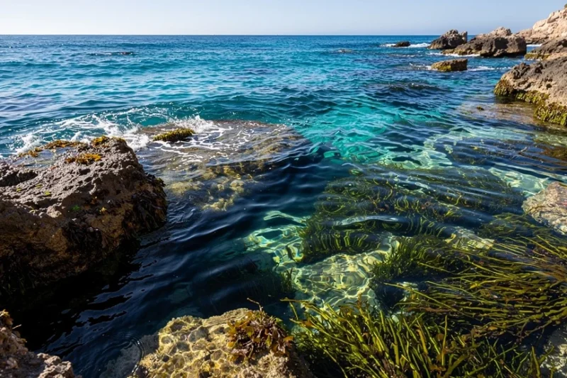 Vista panorámica del litoral catalán con vegetación marina