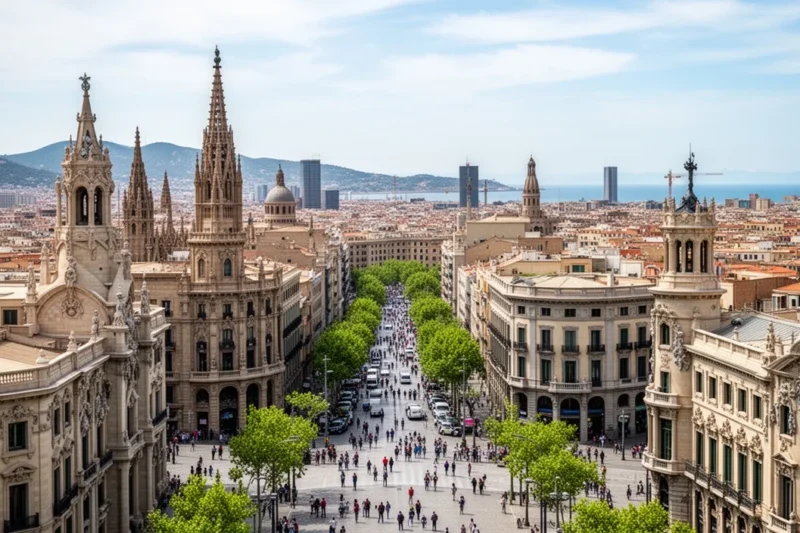 Vista panorámica colorida y vibrante de Barcelona durante la temporada alta turística.