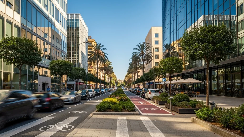 Vista urbana moderna de Barcelona con edificios y vegetación