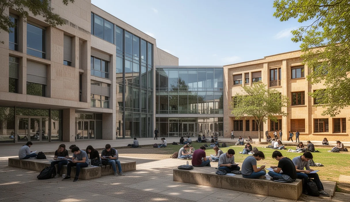 Campus universitario moderno en Catalunya con estudiantes estudiando al aire libre.