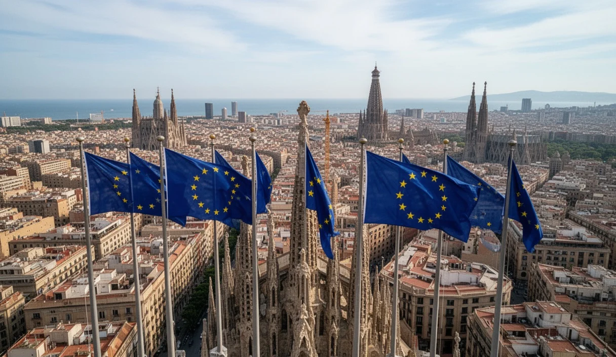 Vista aérea de Barcelona con banderas europeas